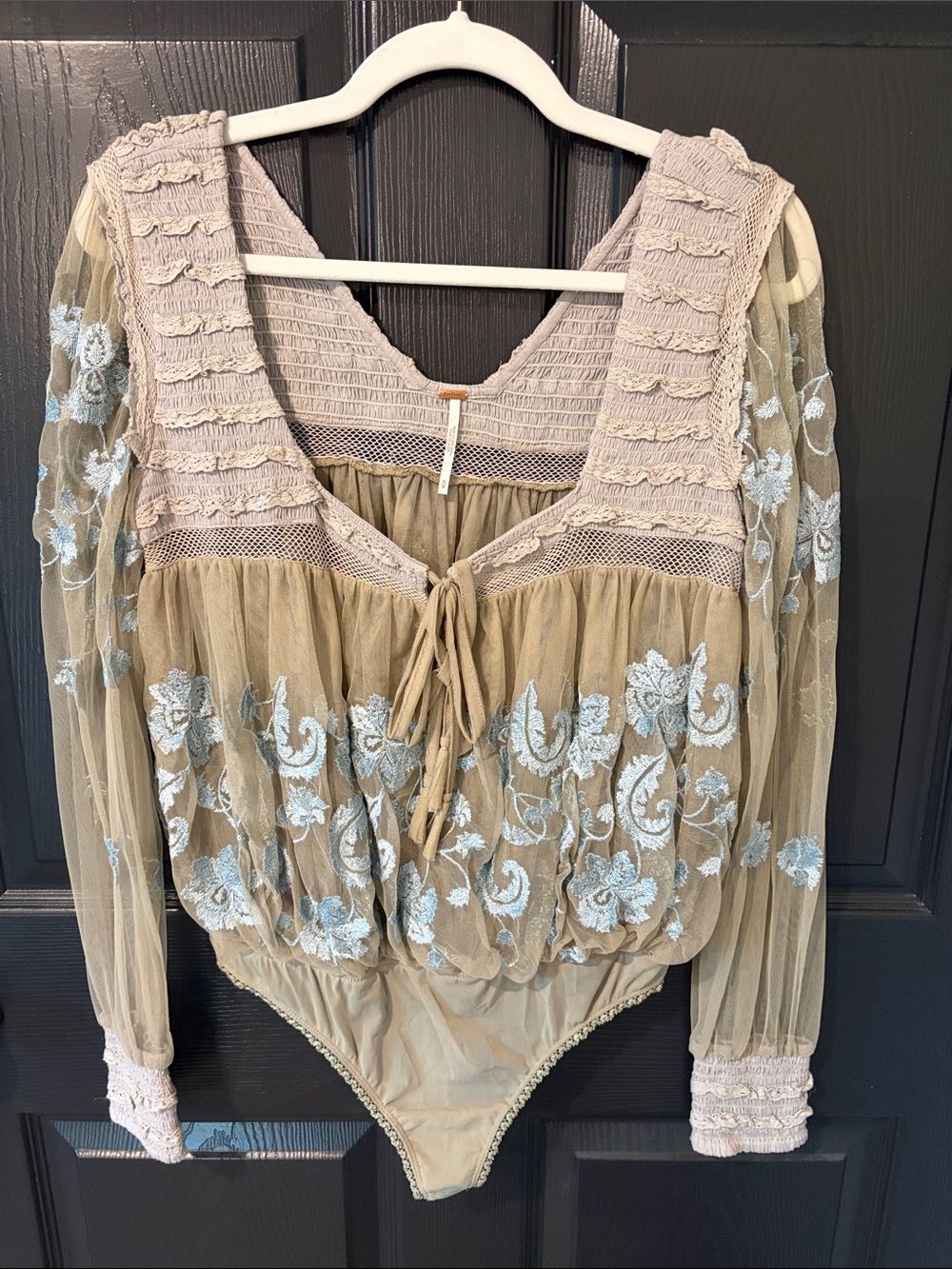 Free People Sheer Beige Bodysuit with Light Blue Floral Embroidery